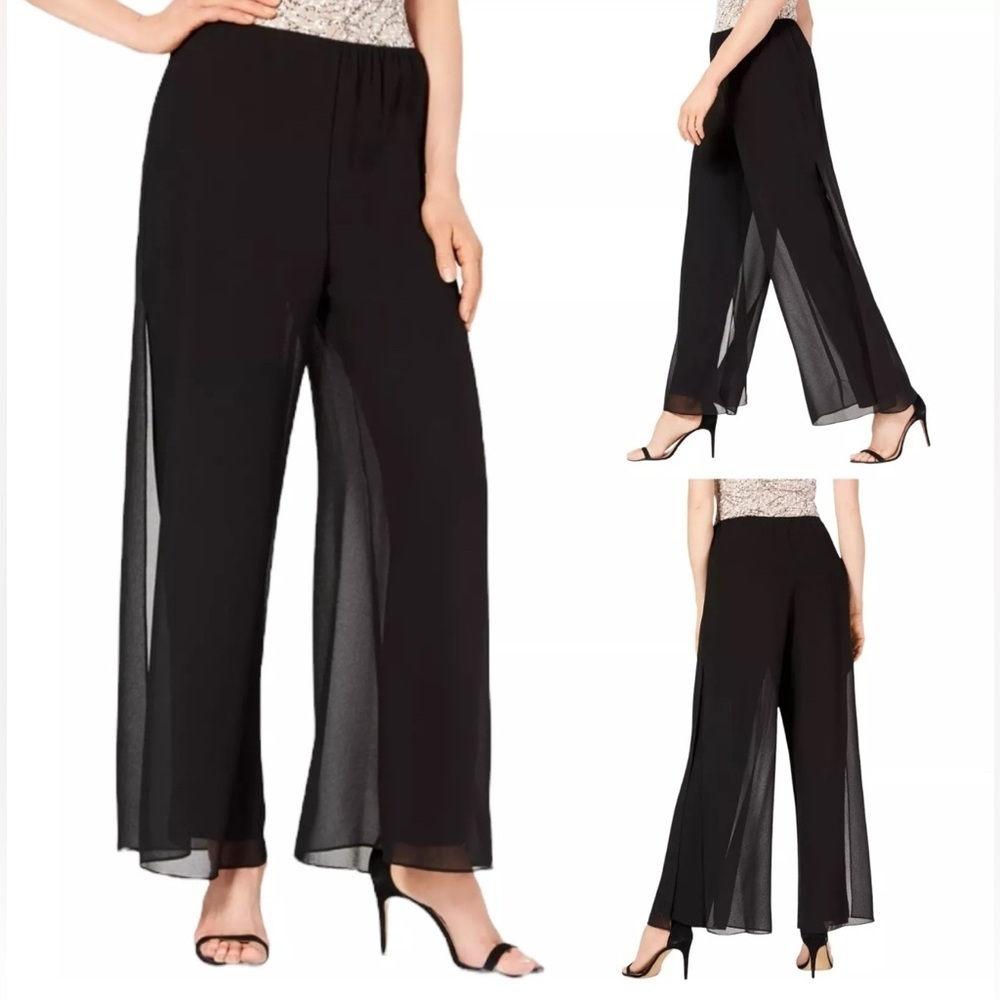 Adrianna Papell Semi Sheer Wide Leg Chiffon Overlay Pants Elastic Waist Black 10